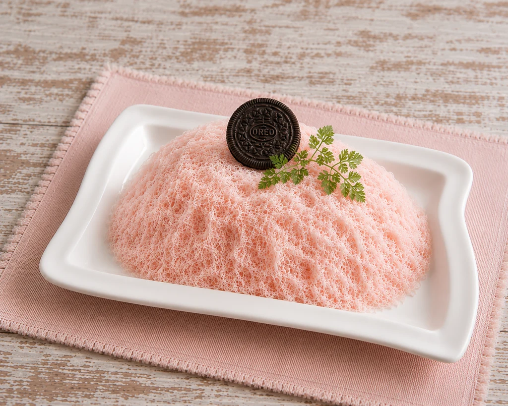 Strawberry shaved ice in fine, delicate strands